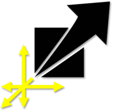 The drîm icon (growing arrow from bottom-left of a square to top right outside of the square) with yellow xyz dimension arrows bottom left