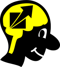 The drîm symbol (growing arrow from the bottom-left to beyond the top right of a box) in a yellow brain in a black face sideview