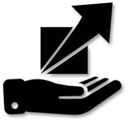 Prodsol Online Services Pictogram: hand beneath the dramatic improvement symbol (growing arrow from the bottom left corner of a box to beyond it's top right corner)