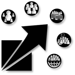 A growing arrow from bottom-left of a square to top-right beyound the square, with the primary arena icons surrounding the head of the arrow.
