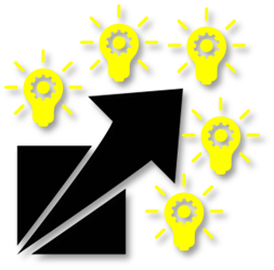 Dramatic improvement pictogram (black arrow starting at the bottom-left corner and ending beyond the top-riht corner of a black box) surrounded by bright yellow lightbulbs