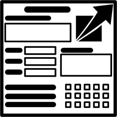 A black rectangle, representing a page, with a drim pictogram, top right & differently shaped fields amd multiple-choice questions