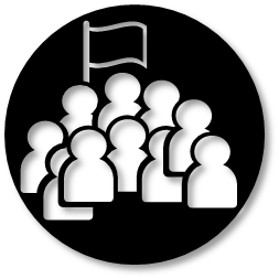Silhouette of a crowd of people and a flag on a black disc