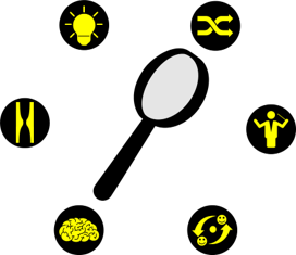 Magnifying glass surrounded by the drîm dimension (flow; ingenuity; change; mastery; synergy; understanding) pictograms